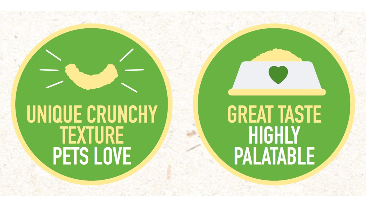 Green circular icons with yellow borders from the Selective Naturals Botanicals natural food for rabbits and guinea pig packs. The first icon features a crunchy snack graphic with the text 'Unique Crunchy Texture Pets Love.' The second icon shows a pet food bowl with a heart and the text 'Great Taste Highly Palatable.'
