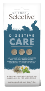 The image shows a packet of Science Selective Digestive Care, a supplement for small pets. The packaging features an image of rabbits on the front, along with the product name "Digestive Care" in large letters. It highlights that the supplement is rich in fiber with natural prebiotics and contains peppermint and chamomile to promote digestive motility and balanced gut health. The product is suitable for rabbits, guinea pigs, and chinchillas, and is available in a 100g (3.5oz) packet.